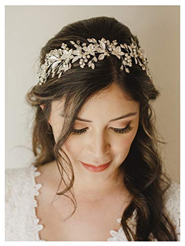 SWEETV El Yapımı Rhinestone Düğün Kafa Çiçek Yaprak Gelin Headpieces Düğün Inci Saç Aksesuarları (Gümüş)
