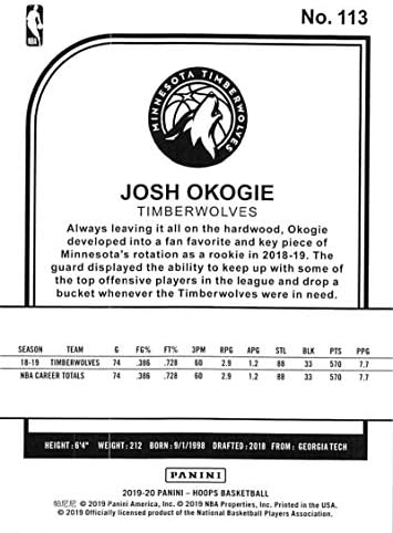 2019-20 Panini Çemberler Kış 113 Josh Okogie Minnesota Timberwolves NBA Basketbol Ticaret Kartı