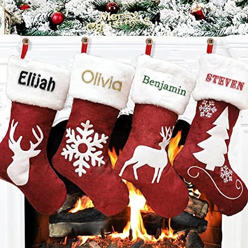 Kişiselleştirilmiş Noel Çorap (20 inç) özel Işlemeli Polar ve Keten Çuval Bezi Kırmızı Rustik Çiftlik Evi Şömine Asılı Süsleme
