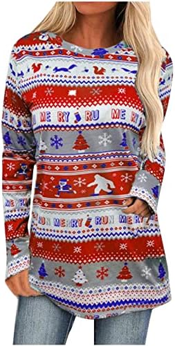 Noel Uzun Kollu Gömlek Kadınlar için Trendy Noel Ağacı Baskı Crewneck Tişörtü Tunik Tayt ile Giymek Tops