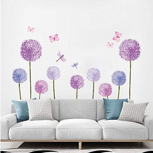 ufengke Mor Karahindiba duvar çıkartmaları Kelebekler Çiçek Duvar Çıkartmaları duvar sanat dekoru Kızlar için Yatak Odası Oturma