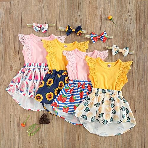 0-18 M Sevimli Bebek Kız Dantel Fly Kollu Romper Üst Ekleme Baskı Düzensiz Etek Elbise Bebek Kıyafet