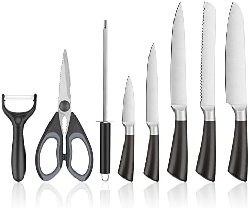 KIMIUP 9 Parça Mutfak Bıçak Seti, 5 Paslanmaz Çelik Bıçak ve Makas Soyucu Bıçak Kalemtıraş Standı ile 360 Derece Döner Taban