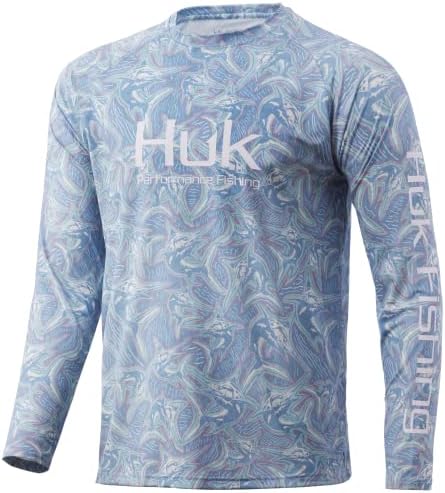 HUK erkek Standart Desen Peşinde Uzun Kollu Performans Balıkçılık Gömlek, Marlin Mayhem-Buz Mavisi, Küçük