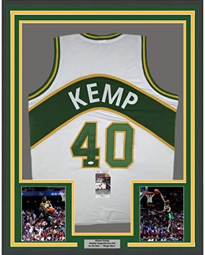 Çerçeveli İmzalı / İmzalı Shawn Kemp 33x42 Seattle Beyaz Basketbol Forması JSA COA