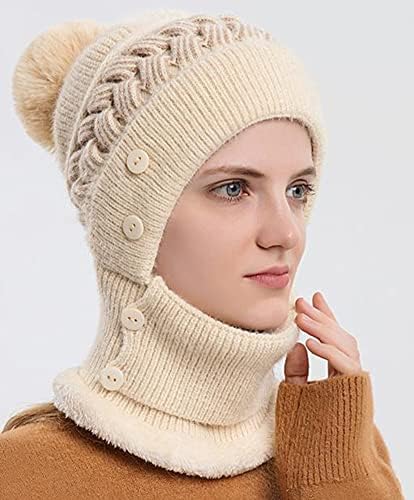 Kadın tek parça hımbıl Polar bere şapka eşarp maske sıcak kış örme şapka kalın kafatası kayak kap