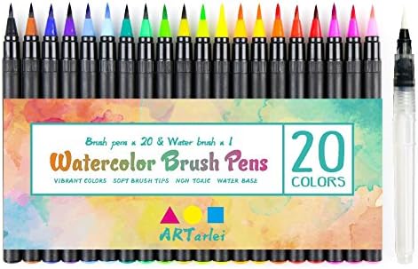 Suluboya Fırça Kalemleri, 20 Renk ve 1 Doldurulabilir Su Kalemi, Çocuklar için Güvenli, Boyama Kitapları, Çizim, Kaligrafi, Yazı