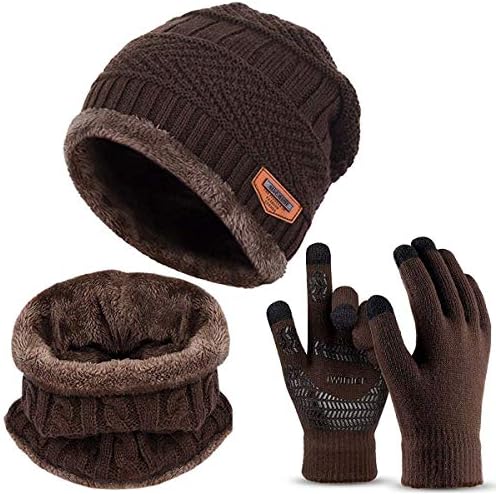 3 Parça Kış Bere Şapka Eşarp Seti ve Dokunmatik Ekran Eldiven Sıcak Kalın Örgü Polar Astarlı Kafatası Kap Hediyeler Erkekler