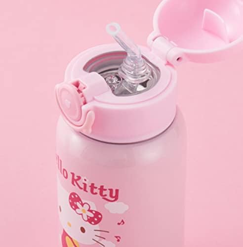 Sanrio Hello Kitty Paslanmaz Çelik Yalıtımlı Su Şişesi 3 Kapaklı, Saman ve Çanta 580ml-Mor