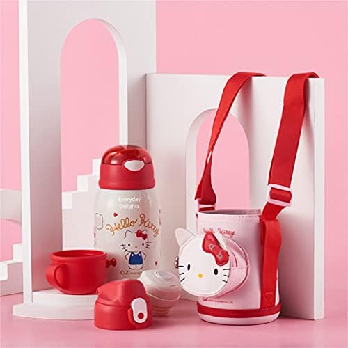 Sanrio Hello Kitty Paslanmaz Çelik Yalıtımlı Su Şişesi 3 Kapaklı, Saman ve Çanta 450ml-Kırmızı