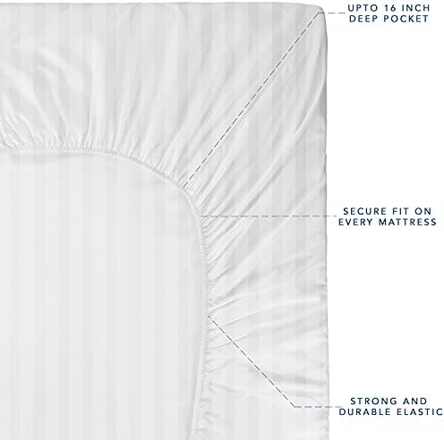 Pazar Ev 400 İplik Sayısı %100 Pamuklu Çarşaf Şam Şerit Beyaz Kraliçe Çarşaf Seti 4 Parça - Ultra Yumuşak Uzun Elyaf Saten Örgü