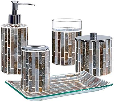 KMWARES Dikey Şerit Mozaik Cam Dekoratif Banyo Aksesuarları Set 5 Adet - Içerir El Sabunluk & Eczacı Kavanoz & Diş Fırçası Tutucu