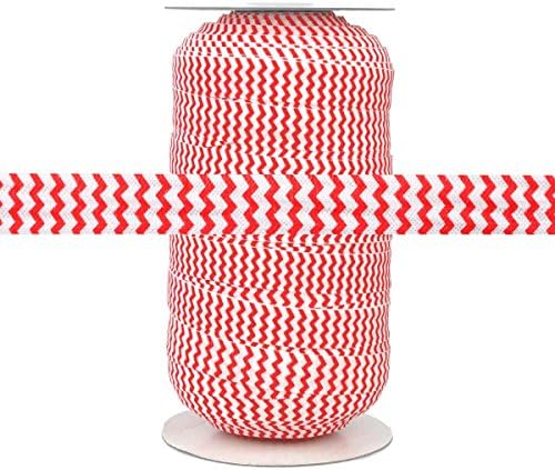 100 Metre - Beyaz üzerine Kırmızı Chevron-5/8 Elastik Üzerine Katlayın-ElasticByTheYard