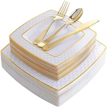PDGJG 50 Sofra Kare Plastik yemek tabağı İle Altın Gümüş Set Doğum Günü Düğün Parti Malzemeleri (Renk: Bir, Boyutu: gösterildiği