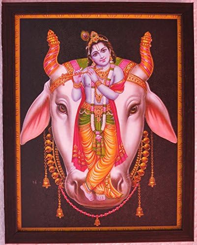 Flütüyle İnek Kafasından Görünen El Sanatları Mağazası Krishna, Çerçeveli Çerçeveli Dini ve Zarif bir Poster, Ofis/Ev/Dini için