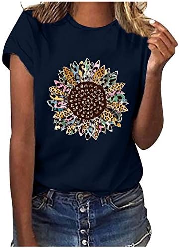 Bayan Ayçiçeği Baskılı Kısa Kollu T-Shirt Yaz Rahat Wourkout Grafik Tee Tops Gevşek Fit Rahat Gömlek