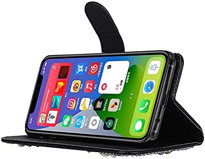 Siyah Deri Elmas Kayış iphone için kılıf 11 Pro Max, Herzzer Şık 3D El Yapımı Bling Glitter Yumuşak Silikon Standı Cüzdan Flip
