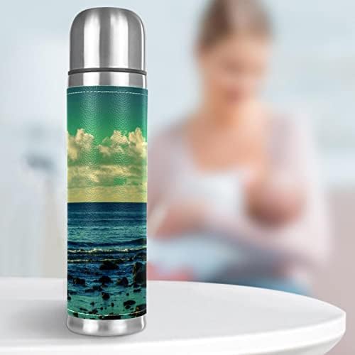 Lılıbeely 17 oz Vakum Yalıtımlı Paslanmaz Çelik Su Şişesi Spor Kahve Seyahat Kupa Flask Hakiki Deri Sarılmış BPA Ücretsiz, deniz