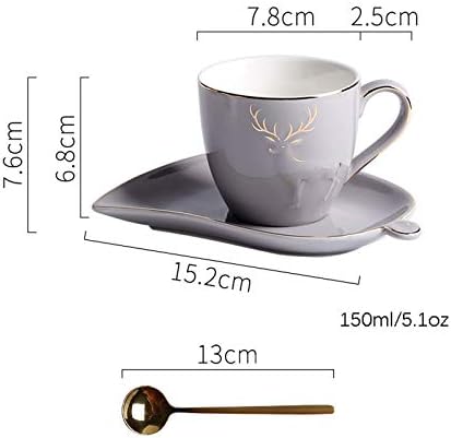 Kahve Fincanı 5.1 Oz Zarif Elk Kabartma Dekorasyonu ve Altın Kenarlı Kahve Fincanı ve Tabağı Seti Porselen Espresso Bardakları