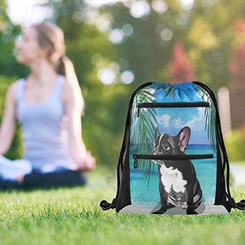 Fransız Bulldog İpli sırt çantası Çanta Cinch Çuval ile Cepler Eğitim İpli Spor Çantası