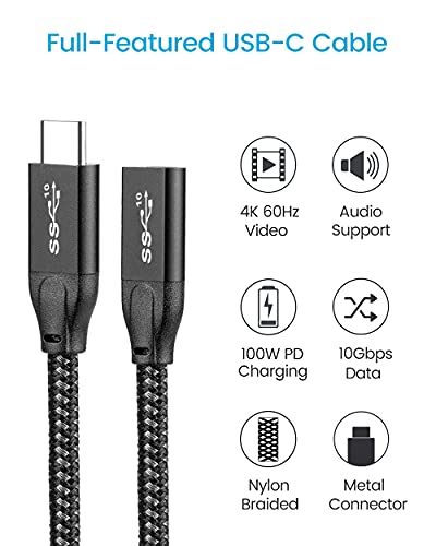 USB C Uzatma Kablosu, (2ft/0.6 M) USB 3.1 Gen 2 Tipi C Erkek Kadın Genişletici Kablosu Destekler PD 100 W/10 Gbps/4K@60Hz Video