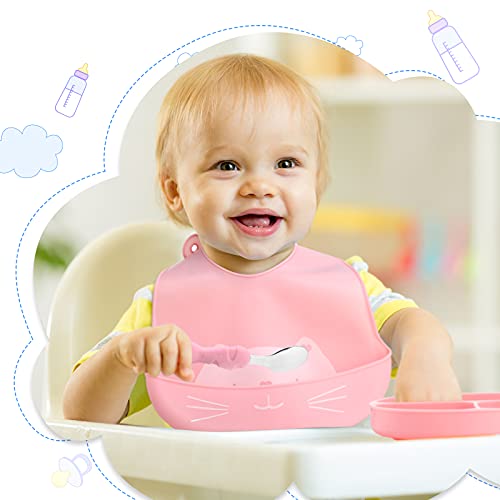 Bebekler için Bebek Sütten Besleme Malzemeleri Silikon Bebek Besleme Seti, Bebek Çatalı, Kaşık, Saman ve Silikon Önlüklü Silikon