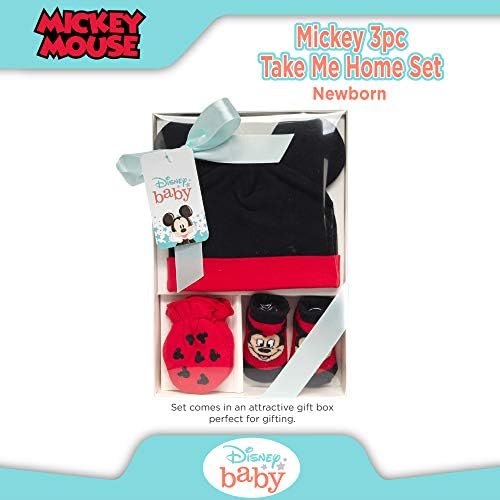 Disney Bebek Erkek Mickey Mouse 3 Parça Beni Eve Götür Seti: 3D Kulak Şapka, Çorap ve Mitten (0-3m)