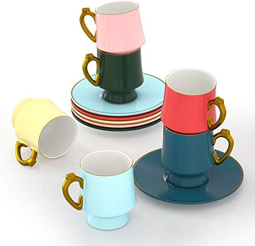 ADDTREE Gökkuşağı Serisi Çay Bardağı Seti, 6 Renk 6 Parçalı Seramik Çay Bardağı ve Tabağı Seti (3 OZ), Varil Yivli Şekli,Küçük