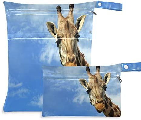 ZZXXB Zürafa mavi gökyüzü su geçirmez ıslak çanta kullanımlık bez bebek bezi ıslak kuru çanta için fermuarlı cebi ile seyahat
