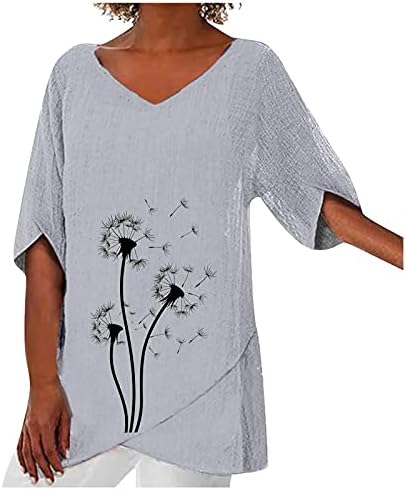 Sınohomıe Yaz Kadınlar ıçin Tops Baskılı Yarım Kollu Fırfır Hem Tunik T-Shirt V Yaka Casual Katı Vintage Gevşek Bluz