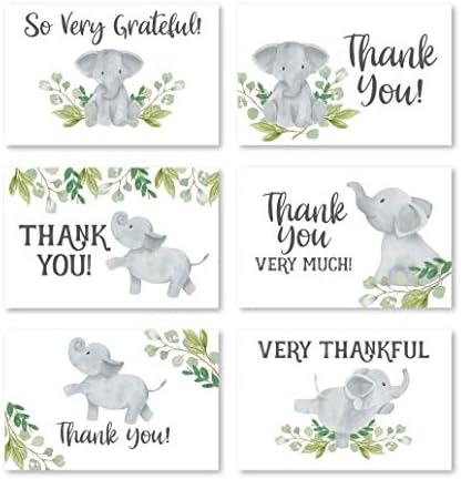 Zarflı 24 Yeşillik Fil Teşekkür Kartları, Çocuklar veya Bebek Duşu Teşekkür Notu, Hayvan 4x6 Çeşitli Şükran Kartı Paketi Partisi,