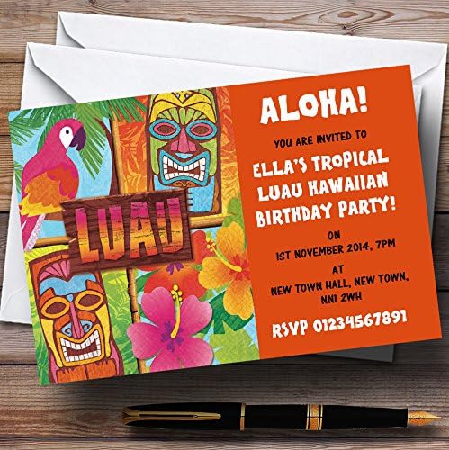 Turuncu Hawaii Tropikal Luau Kişiselleştirilmiş Parti Davetiyeleri