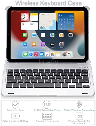 Huafly iPad Klavye Kılıf için iPad Mini 6 (6th Ge), A2567/A2568/A2569,Kablosuz Bluetooth 5.1 Klavye ile Koruyucu Kabuk, Taşınabilir