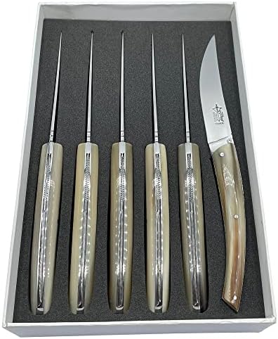 Arbalete Genes David Lüks Tam Dövme Biftek Bıçakları Tam Katı Boynuz Saplı 6 Parçalı Set, Parlak Paslanmaz Çelik Bıçaklar, Çift