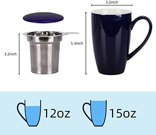 amHomel Seramik Çay Kupa Demlik ve Kapaklı, 2 Set Porselen çay süzgeci Bardak için Gevşek Yaprak Çay, 15 Oz Seramik Çay Demleme