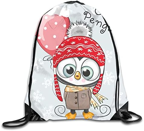 İpli çanta,İpli sırt çantası Toplu Cinch Çanta,hafif ve taşınabilir,Sevimli Karikatür Penguen Bir Şapka Ve Ceket İle Bir Balon