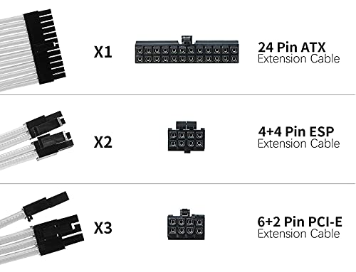Beyaz Örgülü Kollu Kablolar PSU Uzatma Kablosu Kiti 30 cm Modüler PSU Kabloları ile 1x24 PİN 3x6+2 PİN 2x4+4-PİN ATX Güç Kaynağı