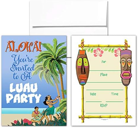 Luau Parti Davetiyeleri-Tiki-Zarflı 25 Hawaii Parti Davetiyesi-Çocuklar, Yetişkinler, Doğum Günleri