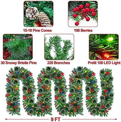 AMENON 9 Ft 100 LED Prelit Noel çelenk dekorasyon ışıkları zamanlayıcı 8 modları 30 karlı kıl çam 198 kırmızı meyveleri Çam kozalakları