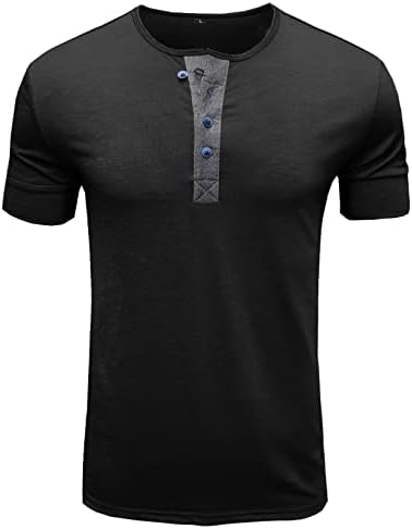 Mens basit rahat T-Shirt ekip boyun düğmeleri ile hafif kısa kollu üstleri Tee siyah