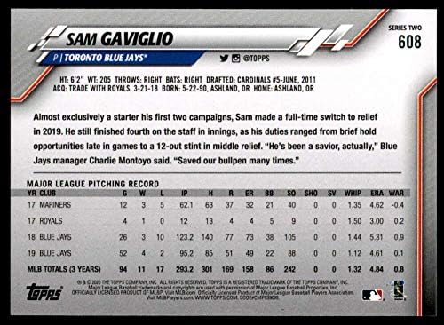 2020 Topps Altın Yıldız Beyzbol 608 Sam Gaviglio Toronto Blue Jays Bireysel Resmi MLB Paralel Ticaret Kartı Yeşil WM Sınırlı