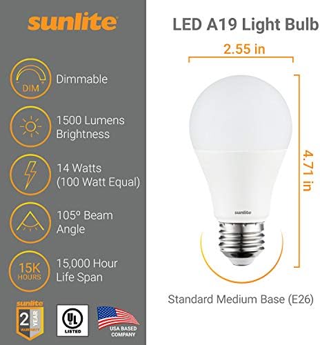 Sunlite 80599-SU LED A19 Süper Parlak Ampul, Kısılabilir 14 Watt (100W Eşdeğeri), 1500 Lümen, Orta (E26) Taban, UL Listelenen,