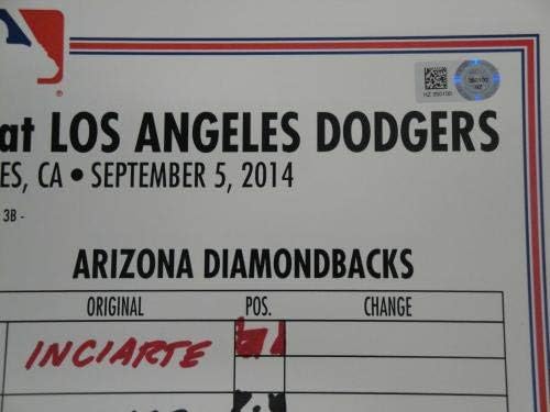 Eylül 5, 2014 Diamondbacks v Dodgers Line-up Kart Mattingly Otomatik Kemp Puig Ellis-MLB İmzalı Oyun Kullanılan Sanatçısını Kartları