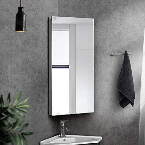 Ayna ile Duvara Monte Köşe Ecza Dolabı, 24.2 x 12.8 İnç Banyo Duvar Dolabı, Fırçalanmış Paslanmaz Çelik - Sağ Açık Ayna Kapı