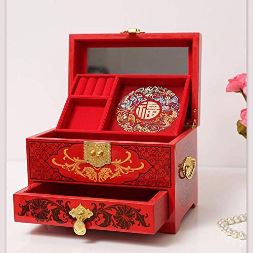 Takı Depolama Antika Mücevher Kutusu Oryantal Ahşap Mücevher Kutusu Kasa Depolama Kırmızı Lake Ayna ile El Boyalı Hediye için
