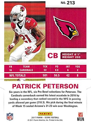 2017 Skor Puan Kartı Futbol 213 Patrick Peterson Arizona Cardinals Panini'den Resmi NFL Ticaret Kartı
