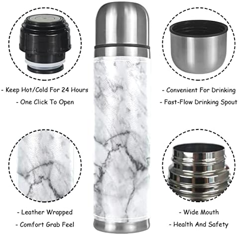Lılıbeely 17 oz Vakum Yalıtımlı Paslanmaz Çelik Su Şişesi Spor Kahve Seyahat Kupa Flask Hakiki Deri Sarılmış BPA Ücretsiz, beyaz