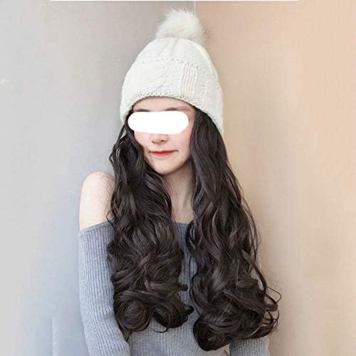 ZLDGYG Bayan Peruk ile Şapka Uzun Doğal Sahte Saç Sentetik Yüksek Sıcaklık Fiber Sıcak Şapka Peruk Kış (Renk: Kahverengi-Siyah)