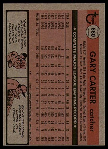 1981 Topps Beyzbol 660 Gary Carter Montreal Resmi MLB Ticaret Kartını Ham (Eski veya Daha İyi) Durumda Sergiliyor