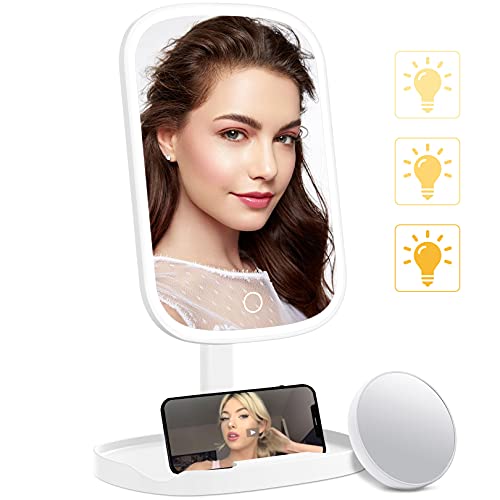 Işık ve Telefon Tutuculu LED Makyaj Aynası, Şarj Edilebilir 3 Renkli Işıklı Masa Üstü Makyaj Aynası, 10X Büyütme Aynalı Masa